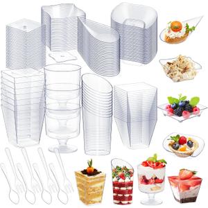 Tessco for you 400 Pcs Mini Appetizer Plates Dessert Cups Spoons Forks Set Dessert Containers Assorted Shape Plastic Parfait Cups Disposable Spoon Forks for Party Serving (Clear)