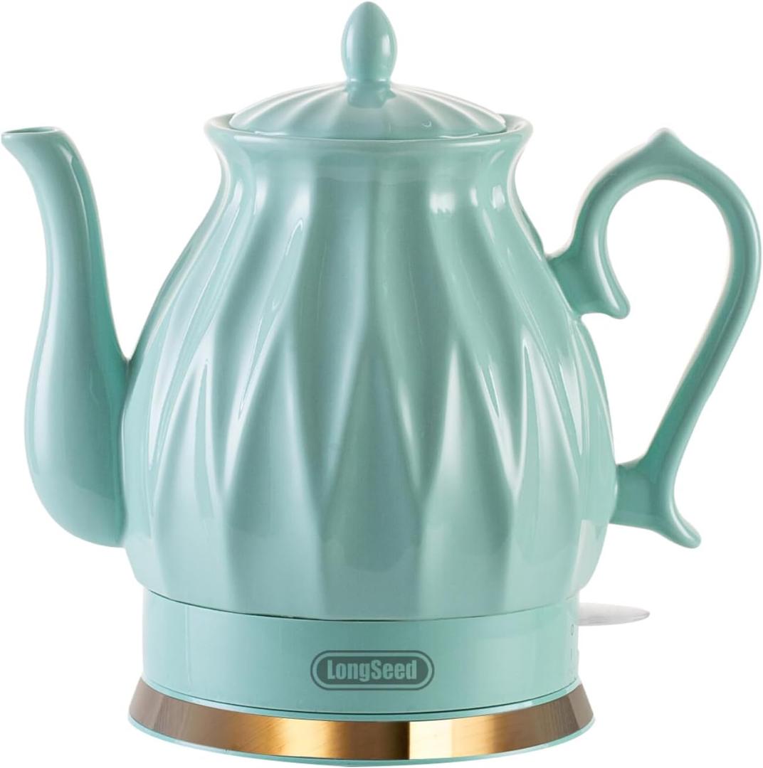 Ceramic Electric Kettle, 1.5L/1200W Boil Water Quickly and Easily with Boil-Dry Protection Auto Shut Off, Detachable Swivel Base, Diamond Cut Glazed (GREEN)