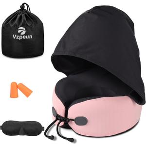 Neck Pillow for Travel - Hooded Memory Foam Plane Pillow for Airplane, Office, Cars Sleeping, Long Flights, Portable Plane Accessories, Includes Eye Mask & Earplugs, Pink