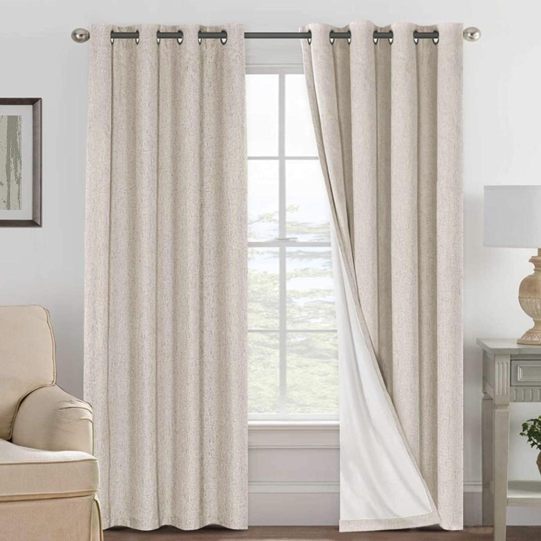 H.VERSAILTEX Linen Curtains 100% Blackout Curtains for Bedroom 102 inch Long Full Light Blocking Nature Linen Blended Window Curtains for Living Room Nickel Grommet (2 Panels, Natural)