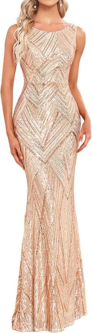 Glitter Formal Dresses Long Evening Gowns Bodycon Mermaid Sparkly Sequin Boat Neck Cocktail Party Dress (Small, Gold)