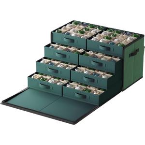SONGMICS Large Christmas Ornament Storage Box, with Side Open, Stackable Christmas Storage Container with Lid, 8 Drawer Trays, 600D Oxford, 3-Inch 128 Slots, Forest Green URFB038C01