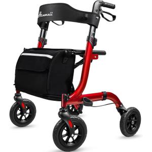 Rollator Walker for Seniors, Lightweight Foldable All Terrain Rolling Walker with seat, Aluminum Walkers with 8 inch Rubber Wheels, Handles and Backrest for Seniors and Adult (Red)