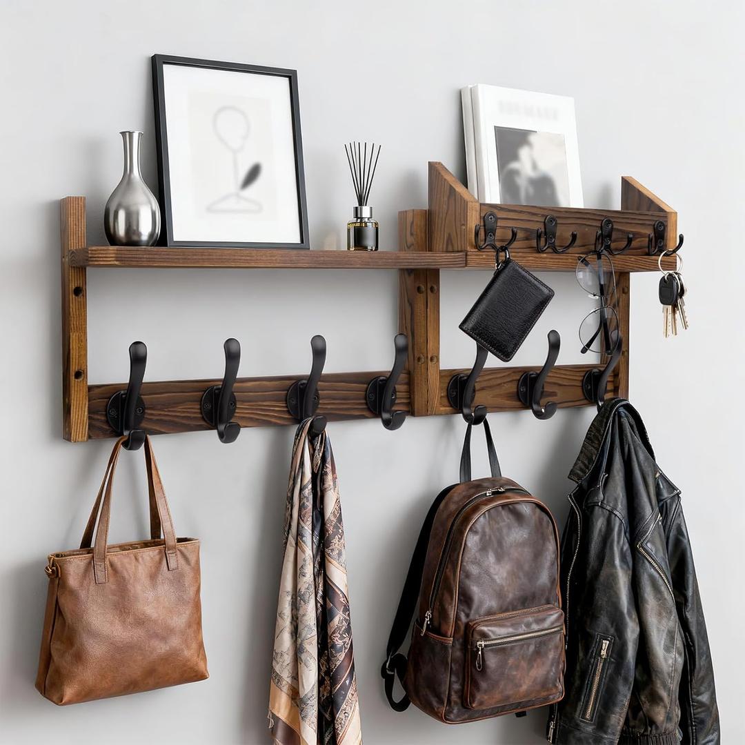 Wall Mounted Coat Rack with Shelf, 4 in 1 Coat Entryway Coat Hanger with 11 Metal Hooks, Wall Mount Key Holder, Organizer for Hallway, Bedroom, Kitchen, Bathroom, Living Room, Rustic Brown29"