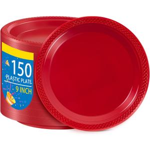 WELLIFE Red Party Plates 9 Inch -150 Count, Plastic Disposable Plates for Dinner Party Easter Mother's Day