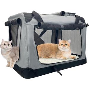 Fhiny Large Cat Carrier for 2 Cats, 24"x17"x17" Soft Dog Crate Collapsible Portable Travel Pet Carrier Bag Durable Breathable Foldable Kitten Carrier Bag for Puppy Cats Under 45 Lbs Grey