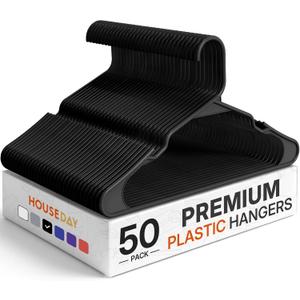 HOUSE DAY Plastic Hangers 50 Pack - Black Clothes Hangers with Non-Slip Shoulder Grooves, Durable and Sturdy Coat Hanger, Space Saving Slim Design Perfect for Closet Organizers and Storage