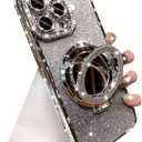 for iPhone 16 Pro Max Case with Magnetic Kickstand, Cute Sparkly Bling Glitter Rhinestones Phone Case, Glass Camera Lens Protector, Flowing Liquid Ring Stand for iPhone 16 Pro Max (Silver)