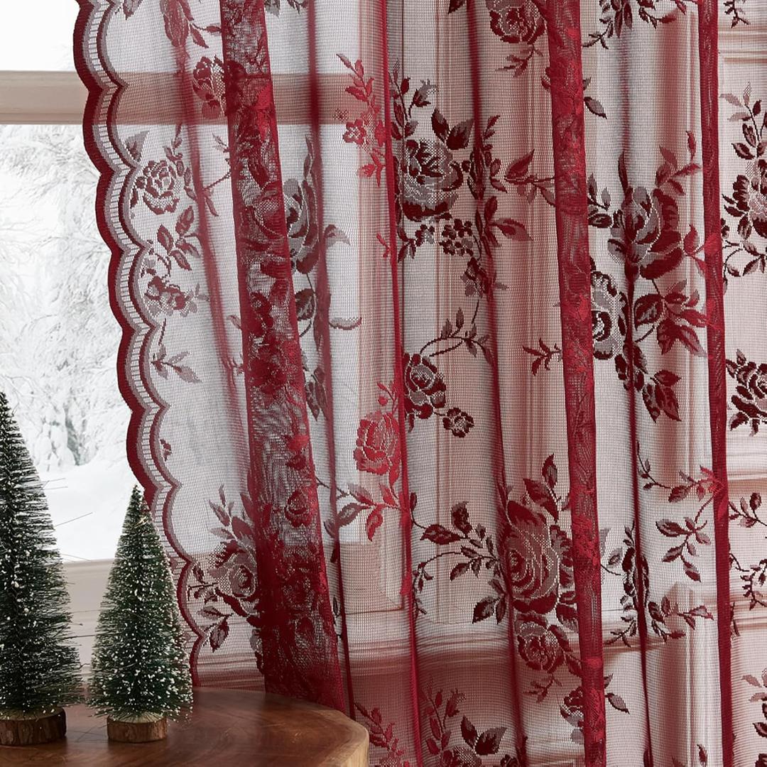 Burgundy Lace Curtains 84 Inches Long Vintage Floral Curtains 2 Panels for Bedroom Living Room Rod Pocket Light Filtering Maroon French Romantic Window Curtains Modern Wine Decor Neutral, 52x84