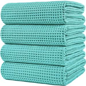POLYTE Microfiber Oversize Quick Dry Lint Free Bath Towel, 60 x 30 in, 4 Pack (Aqua, Waffle Weave)