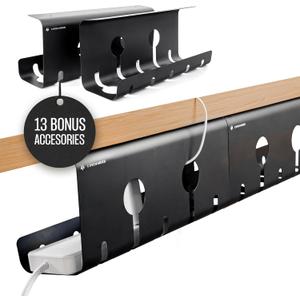 No-Drill Under Desk Cable Management Tray - 2-Pack Wire Organizer for Standing Desk - Cord Management System with Power Strip Holder - L