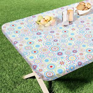 homing Rectangle Printed Fabric Tablecloth, Elastic Fitted Table Cloth for 6 Foot Table, Washable Polyester Table Cover for Outdoor, Picnic, Camping and Indoor, (Geometric Medallion, 30" x 72") (Red & Blue)