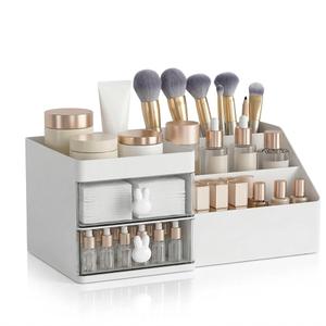 Makeup Organizer With 2 Drawers, Countertop Organizer For Vanity, Bathroom Organizers And Storage, Bathroom And Bedroom Desk Cosmetics Organizer For Skin Care, Brushes, Eyeshadow, Lotions (White)