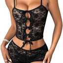 Verdusa Women's Floral Lace 2 Piece Outfits Tie Front Crop Cami Top with Mini Shorts, Black, M 