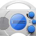 Portable AM/FM Shower Radio, Waterproof Hanging Radio with Built-in Speaker, Adjustable Volume, Battery Operated for Bathroom, Kitchen, Outdoor (Blue+White)