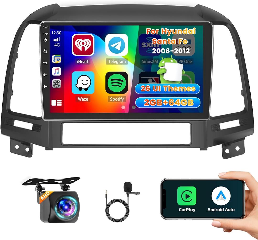 Car Radio for Hyundai Santa Fe 2006 2007 2008 2009 2010 2011 2012, Android 13 Car Stereo Wireless Carplay, 9 inch Touch Screen for Santa Fe Carplay Android Auto Bluetooth GPS 2G RAM 64G ROM