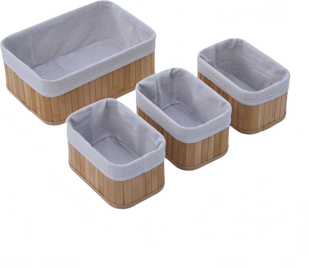 4-Pack Bamboo Storage Baskets with Removable Washable Liners  Natural Woven Organizers for Closet, Bathroom, Bedroom & Pantry