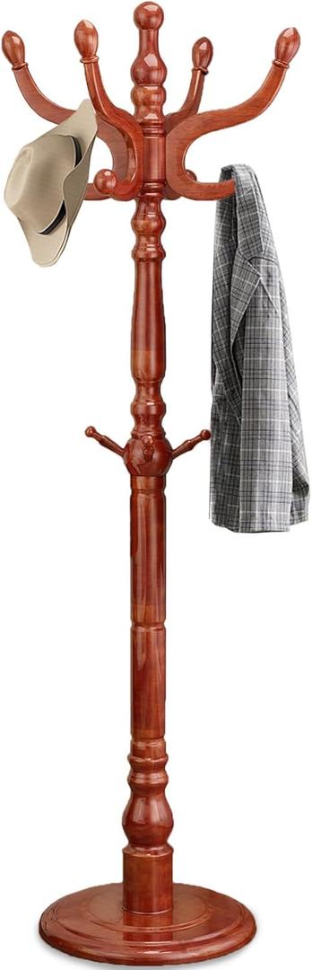 Wood Coat Rack, Heavy Duty Coat Rack Freestanding with 11 Smooth Hooks, Vintage Coat Tree, Clothes Hanger Stand with Stable Disc Base for Entryway, Bedroom (Light Brown)