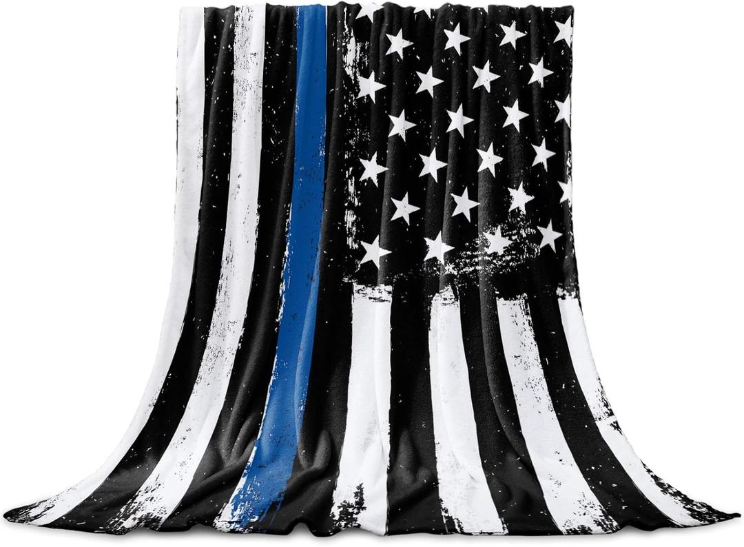 Thin Blue Line Police Blanket Fleece Throw Blankets 40'' x 50'', Lightweight Super Soft Micrifiber Honor Law Enforcement USA Vintage Warm Plush Cozy Luxury Bed Blankets All Season for Couch/Sofa/Gift