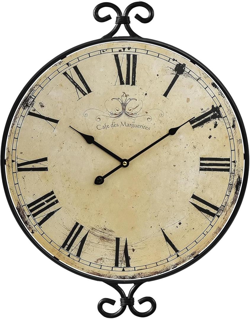 Farmhouse Wall Clock, Wrought Iron Frame with Retro Gold Finish, 17H13.4D Inch, Vintage Wall Clock Silent Battery Operated Wall Clocks for Living Room, Kitchen, Bedroom