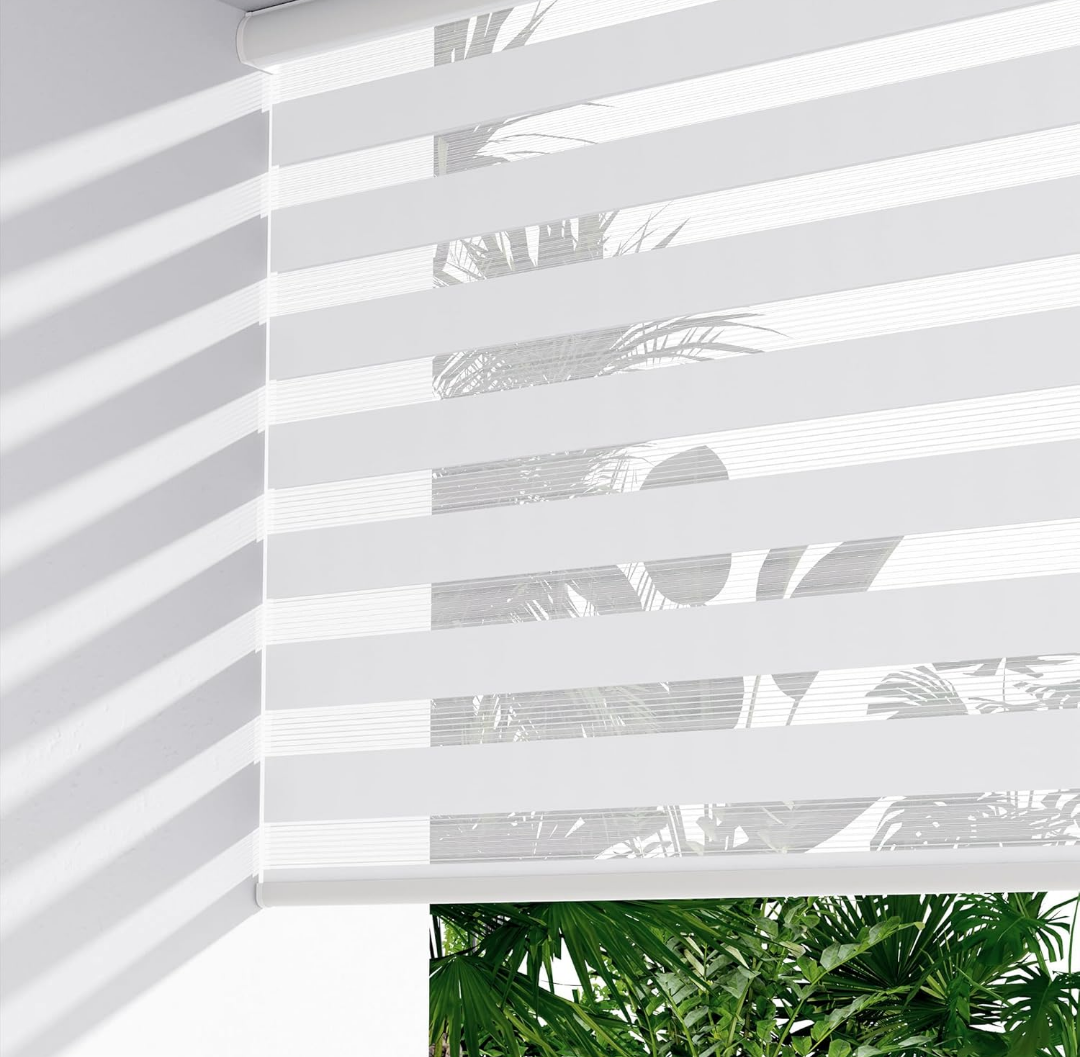 LazBlinds Cordless Zebra Blinds for Windows, Free-Stop Roller Windows Shades with Cassette, Light Filtering Dual Layer Sheer Shades for Home and Office, 70" W x 64" H, White