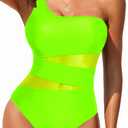Tempt Me Women One Shoulder One Piece Swimsuits Full Coverage Cutout Mesh Sexy Bathing Suits Tummy Control Swimwear (Large, Neon Green)
