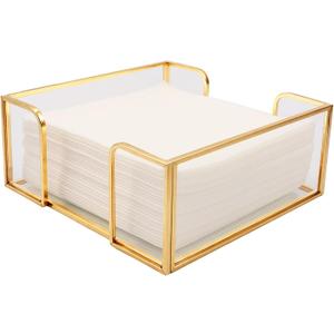 Cocktail Napkin Holder,Gold Square Napkin Holder Fit for 5x5 Cocktail-Sized Napkins,Glass Napkin Holders for Kitchen Counter Table Party Bar Decor