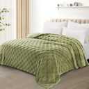 Exclusivo Mezcla Queen Size Flannel Fleece Blanket, Super Soft and Warm Lightweight Checkered Pattern Blankets for All Seasons, 90x90 Inches, Olive Green