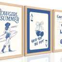 Blue Preppy Canvas Wall Art Set of 3, Coastal Cowgirl Pictures Wall Decor Paintings, Trendy Cherry Guest Check Poster Prints Aesthetic Home Decor for Teen Girls Bedroom Dorm 12x16 inch Framed (16L" x 12W", Navy Wood Framed)