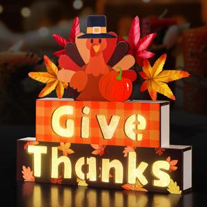 Happy Thanksgiving Sign, Fall Thanksgiving Wooden Block Sign with Led Lights for Indoor Table Mantle Decor