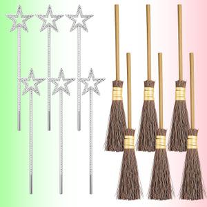 12 Pcs Halloween Witch Party Decorations Include 6 Fairy Wands 6 Witch Brooms for Pink and Green Halloween Cosplay Fans Party Dress Decor Photography Background Photo Booth Props Decor