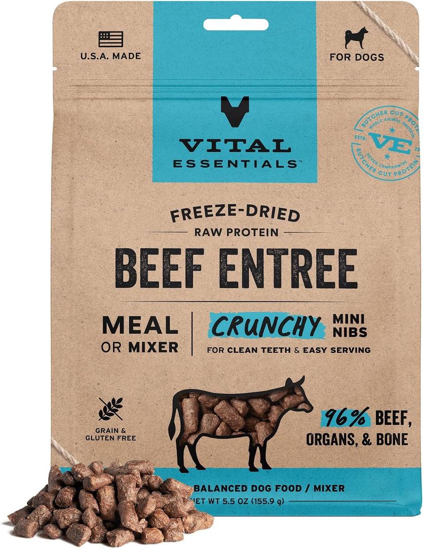 Vital Essentials Freeze Dried Dog Food, Beef Mini Nibs, 5.5 oz Bag | Crunchy, Complete Meal or Topper, Made With 96% Beef, Organs & Bone, High Protein Raw Nutrition, Grain-Free Recipe (EXP 02/26/28)
