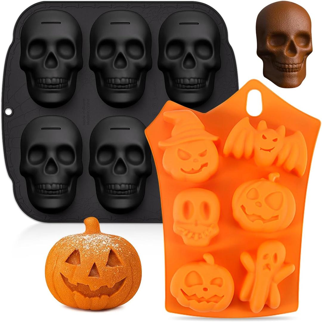 Halloween Skull Cake Pan & Pumpkin Silicone Molds Set  6 Cavity 3D Skull Baking Pan + 6 Halloween Shape Silicone Molds (Pumpkin, Ghost, Bat) for Cakes, Chocolate, Candy, DIY Party Baking