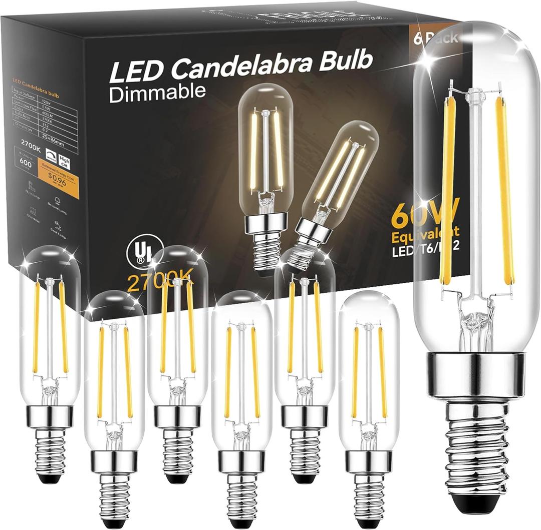 TJOY E12 T6 Candelabra LED Bulbs, Dimmable 5.5W Equivalent 60W 2700K Soft Warm White, Small Base Clear Light Bulb, Vintage Edison Bulb Decorative for Chandelier Ceiling Fan Wall Sconces, 600lm, 6pack