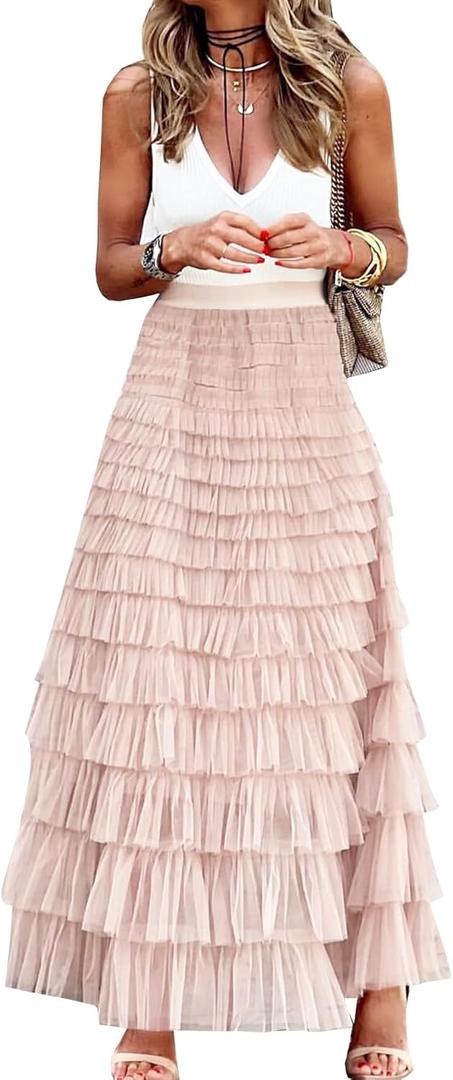 Womens Long Maxi Tulle Skirt A Line Ruffle Mesh High Waisted Tiered Layered Skirts Petticoat (Medium, Pink)