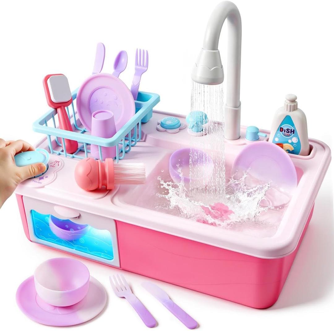 lalalark Color Changing Play Sink with Running Water, Toddler Sink with Electric Dishwasher, Chopping Sounds and Automatic Water Cycle System, Water Table for Toddlers 1-3 Birthday Gift