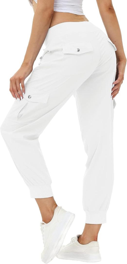 MoFiz Women's Lightweight Hiking Cargo Pants Outdoor Quick Dry Casual Travel Sweatpants Joggers Elastic Waist Button Pockets (White, XL)