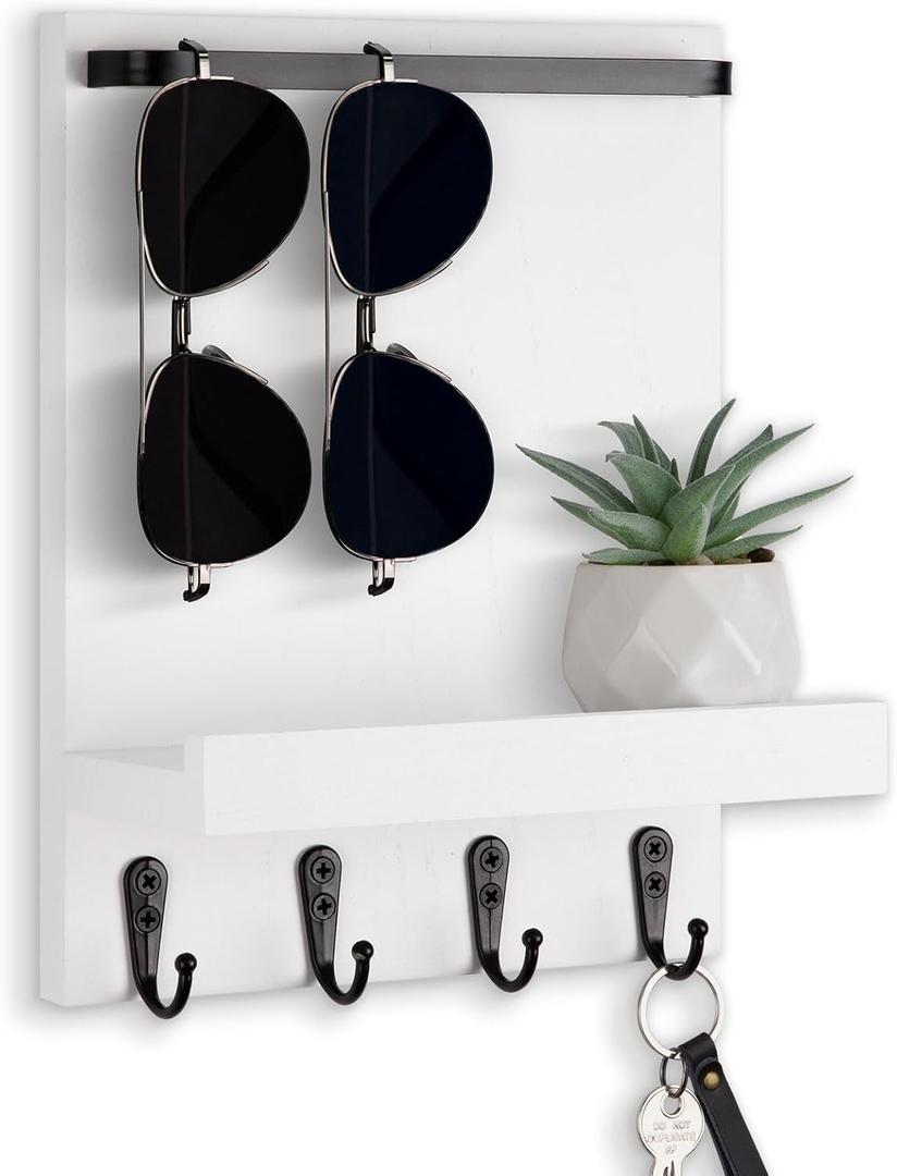 Key Holder Wall Mount, Key Holder for Wall with 4 Hooks, Farmhouse Key Hanger Holds Dog Leash, Sunglasses Decorative Mail Organizer Home Decor (White)