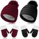 2 Pieces Winter Warm Baby Hats Fleece Lined Beanie Babies Toddler Boy Beanie Hat with 2 Pairs Winter Mittens Thick (Red and Black, Small)