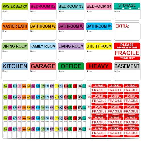 Labelebal 600 Writable Stickers 2” x 3” Each,20 Designs Pre-Printed Color-Coded Home Moving Packing Box Labels with Fragile, Extra, Heavy Labels