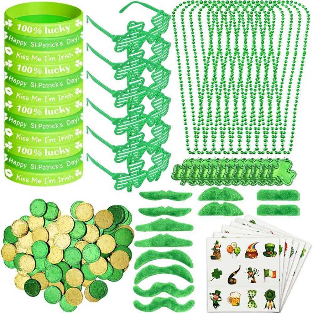 WODMAZ 174 Pcs St. Patrick's Day Party Favors, Green Shamrock Necklaces Sunglasses, Coins Bracelets Temporary Tattoos Mustaches for St Patricks Day Accessories Party Supplies
