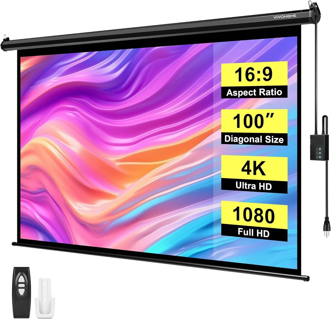 VIVOHOME Motorized Projector Screen with Remote, 16:9 100 Inch Auto Electric Projection Screen, HD 4K Movie Screen for Home Theater, Cinema, Office (87 x 49 Black)