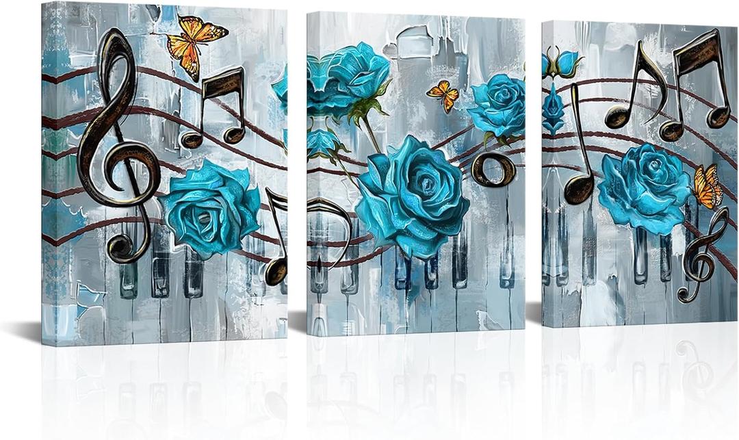 Biuteawal 3 Pieces Music Art Print Canvas Musical Notes Wall Decor with Blue Rose Flowers Poster Picture Romantic Painting Artwork for Classroom Music Room Decor Framed