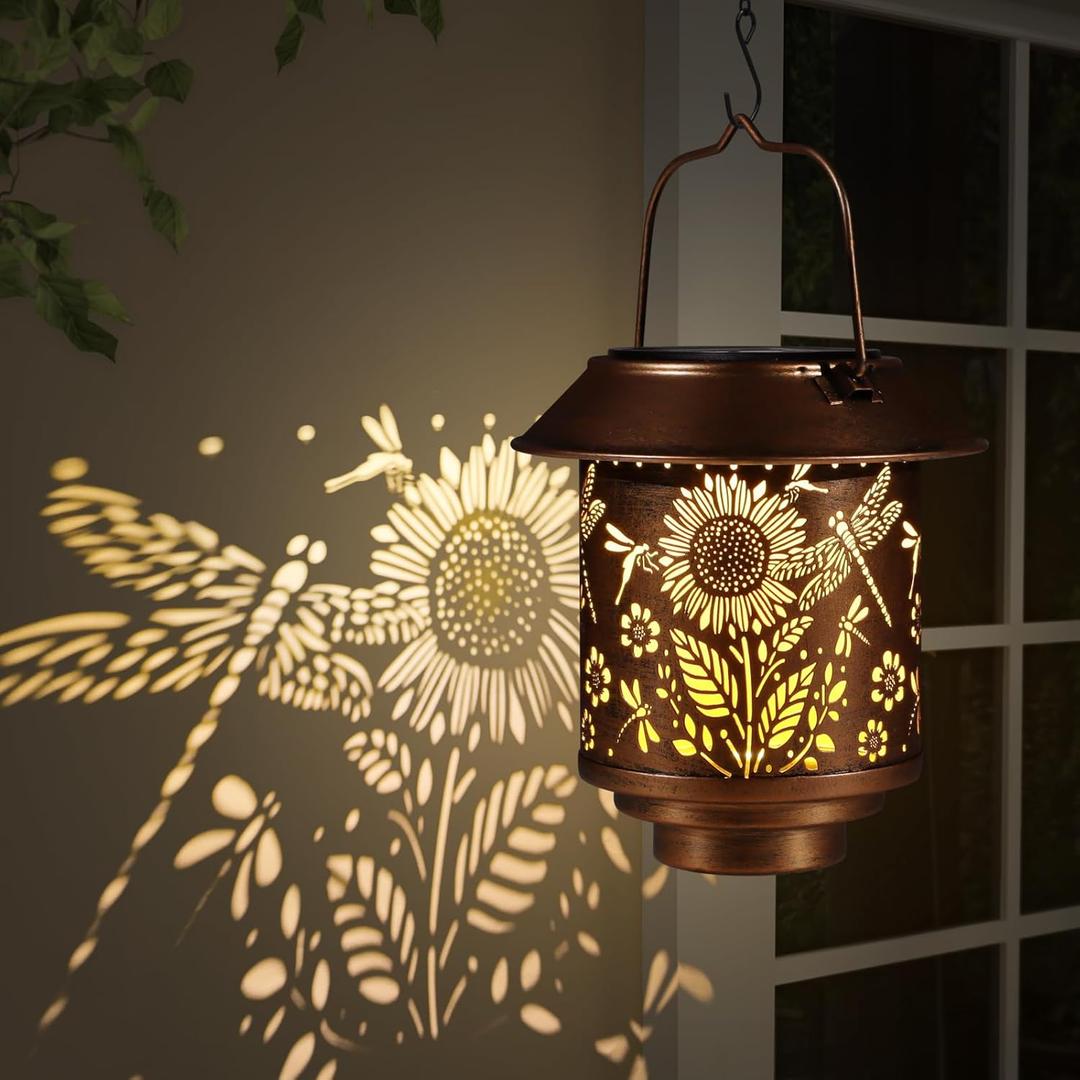 Solar Lantern Outdoor Hanging Sunflower Lights Gifts for Women Mom Metal Garden Decor Outside Waterproof LED Lanterns for Patio(Dragonfly + Sunflower)