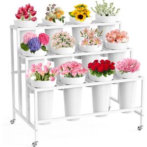 Flower Display Stand with 12 Buckets, Flower Cart White 3 Layers Metal Flowers Bar Stand with Wheels, Moving Florist Bouquet Shelf for Wedding Party Indoor Living Room Outdoor Patio Garden
