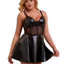 comeondear Sexy Black Faux Leather Lingerie Set for Women (Black, XL)