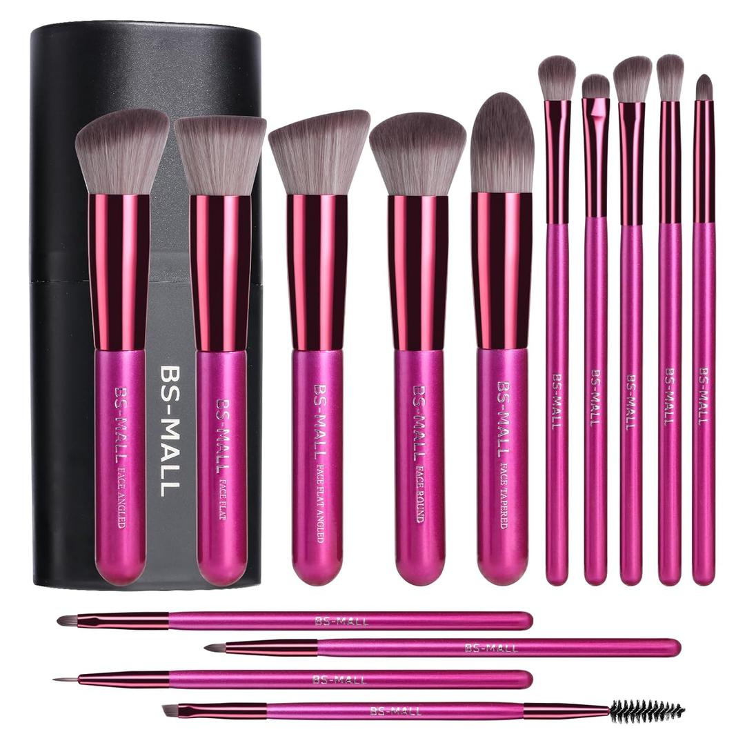 BS-MALL Makeup Brushes 14 pcs Makeup Tools Kit Premium Synthetic Powder Foundation Contour Concealers Lip Brushes with Makeup Sponge & Eyeshadow Applicator Kit (Hot Pink)