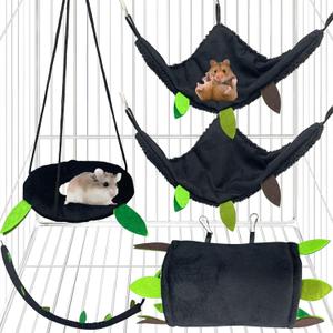 Hamiledyi 5PCS Hamster Hammock Small Animals Hanging Warm Bed House Rat Cage Nest Accessories Toy Hanging Tunnel Soft Bed Rope and Swing for Sugar Glider Squirrel Hamster Playing Sleeping (Black)