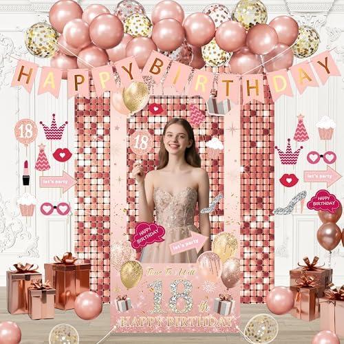 18th Birthday Decorations for Girls, Happy Birthday RoseGold Balloon with Photo Booth Props for girl,Banner,Balloons,Party supplies
