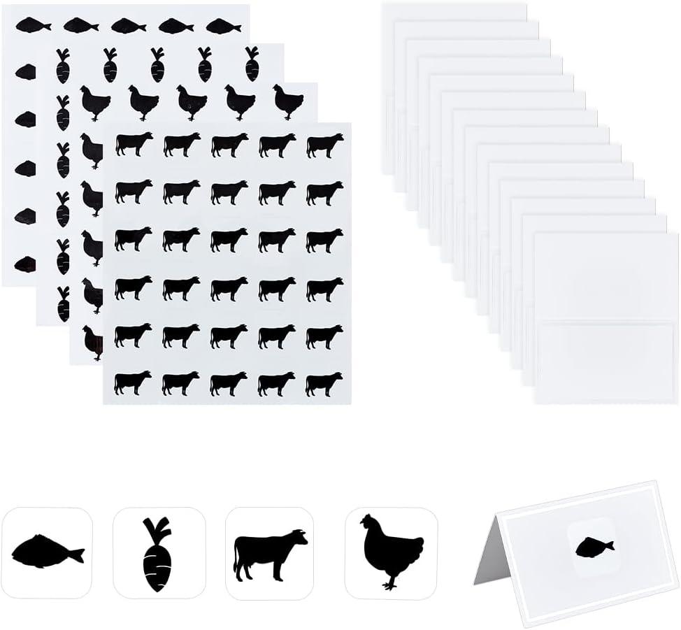 OLYCRAFT 240Pcs 4 Styles Black Meal Stickers 1 Inch with 60Pcs Table Place Card Food Choice Sticker Set Cow/Chicken/Fish/Carrot Wedding Meal Sticker with Blank Table Cards for Wedding Party Supplies